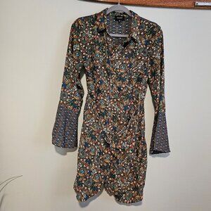 Women’s HEYSON Multicolor Floral Dress with Bell Sleeves and Button Front, Small